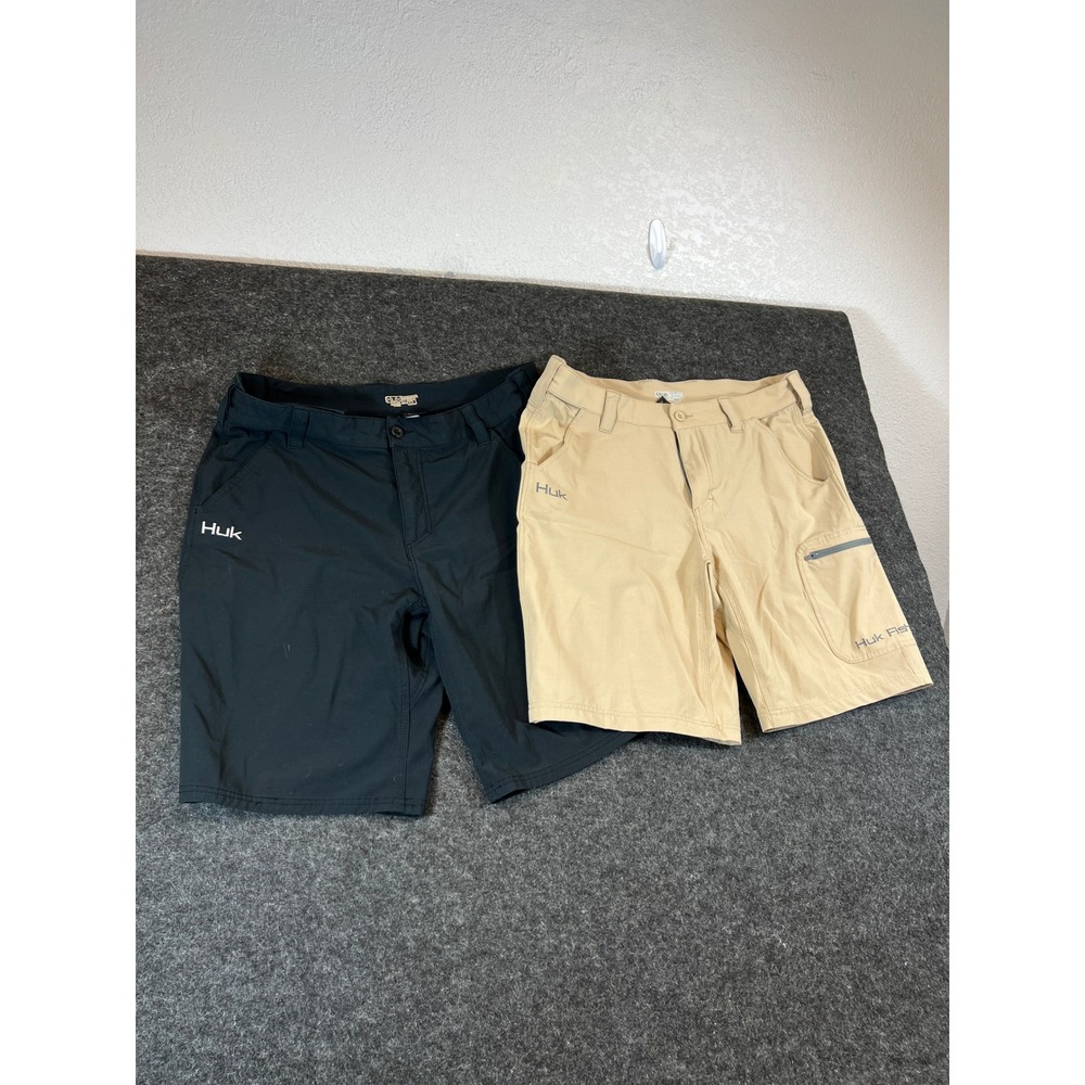 Lot Of 2 Huk Performance Fishing Shorts Mens XL Black Tan Stretch Cargo Workwear